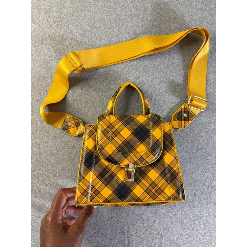 Yellow Plaid Crossbody‎ Satchel Bag Gold Hardware Adjustable Strap Top Handle